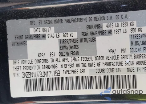 2018 Mazda Mazda3 Sport из США, поврежденный, VIN 3MZBN1U78JM171159